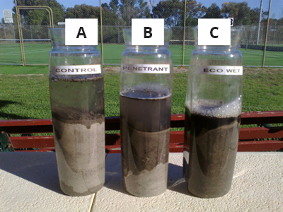 Eco Growth Eco-Wet compared to a control and another soil wetting agent penetrant only image of test conducted